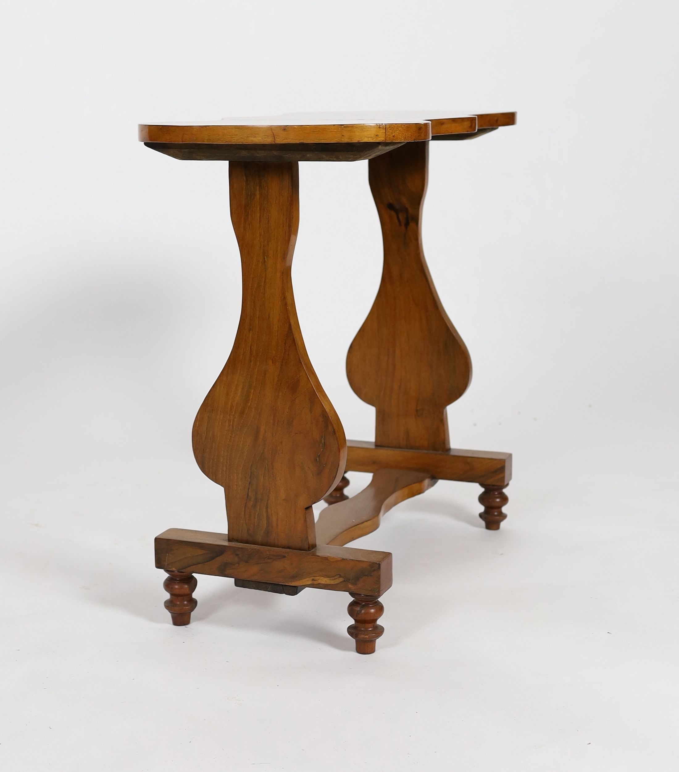 A Victorian parquetry inlaid walnut games table, of rectangular serpentine form, width 84cm depth 39cm height 70cm
